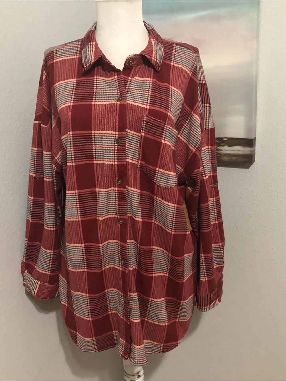 Eden & Olivia Oversized Red Plaid Button Up Blouse To
